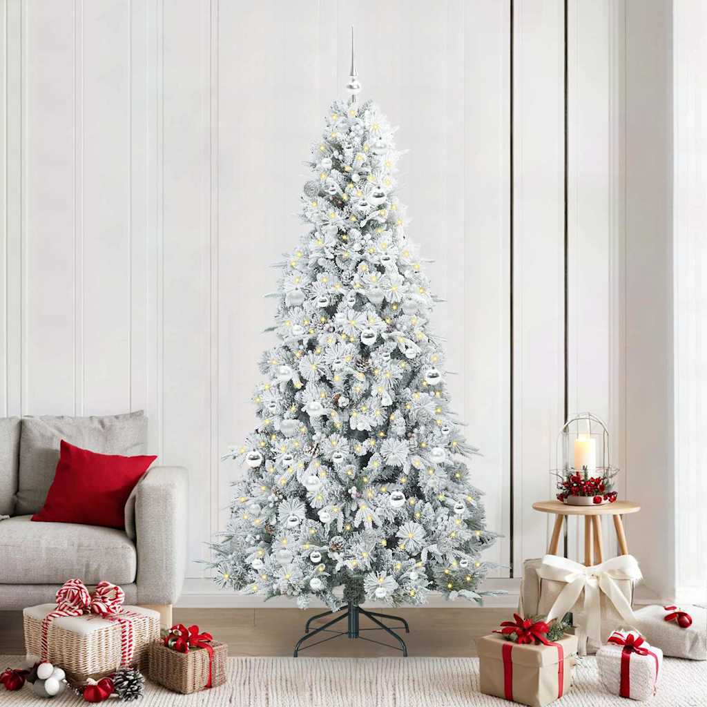 Artificial Hinged Christmas Tree White PE and PVC Green and White 210 cm with LEDs &silver balls