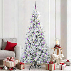 Artificial Hinged Christmas Tree White PE and PVC Green and White 210 cm with LEDs &lilac balls