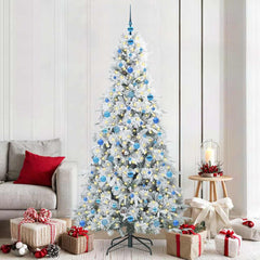 Artificial Hinged Christmas Tree White PE and PVC Green and White 210 cm with LEDs &blue balls