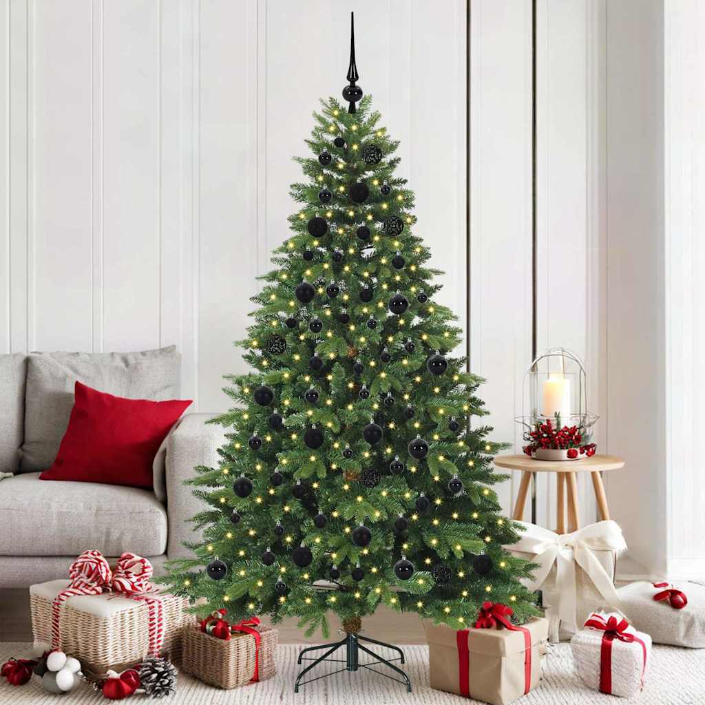 Artificial Christmas Tree with 300 LEDs PE and PVC Green 180 cm with LEDs &black balls