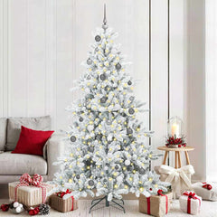 Artificial Hinged Christmas Tree PVC and Steel White 210 cm with LEDs &white/grey balls