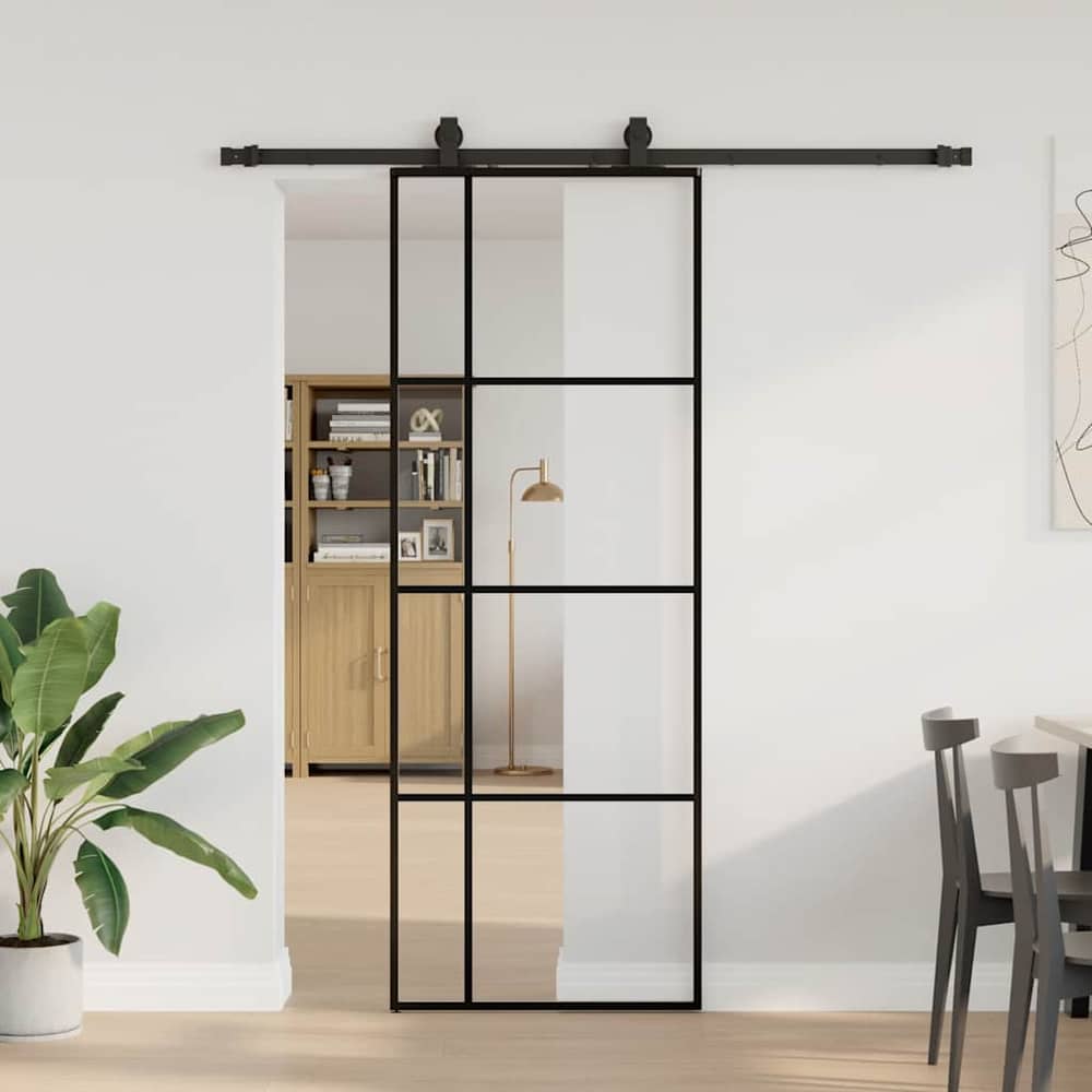 Sliding Door with Hardware Set Black 76x205 cm ESG Glass 76 cm 183 cm sliding rail Transparent