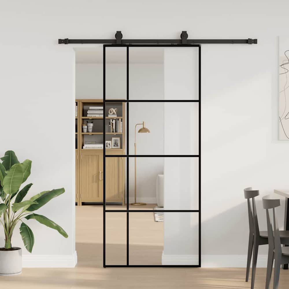 Sliding Door with Hardware Set Black 76x205 cm ESG Glass 90 cm 183 cm sliding rail Transparent