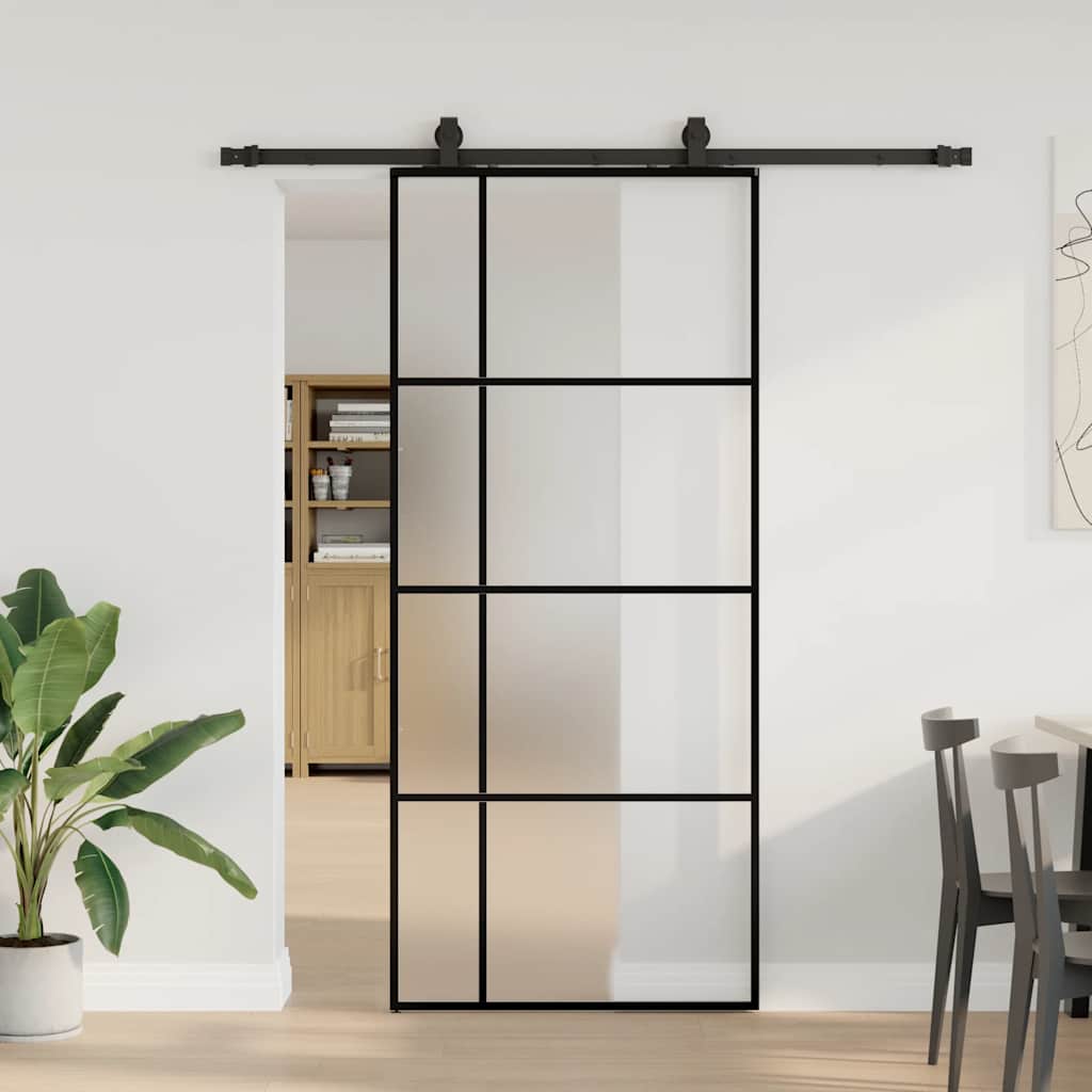 Sliding Door with Hardware Set Black 76x205 cm ESG Glass 90 cm 183 cm sliding rail Frosted