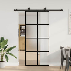 Sliding Door with Hardware Set Black 76x205 cm Tempered Glass Black, matt and transparent 90 cm 183 cm sliding rail