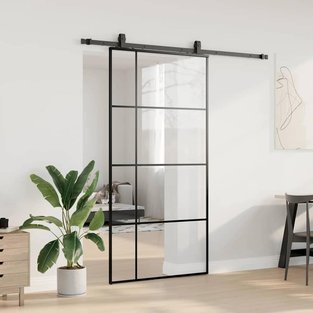 Sliding Door with Hardware Set Black 76x205 cm ESG Glass 102.5 cm 200 cm sliding rail Transparent