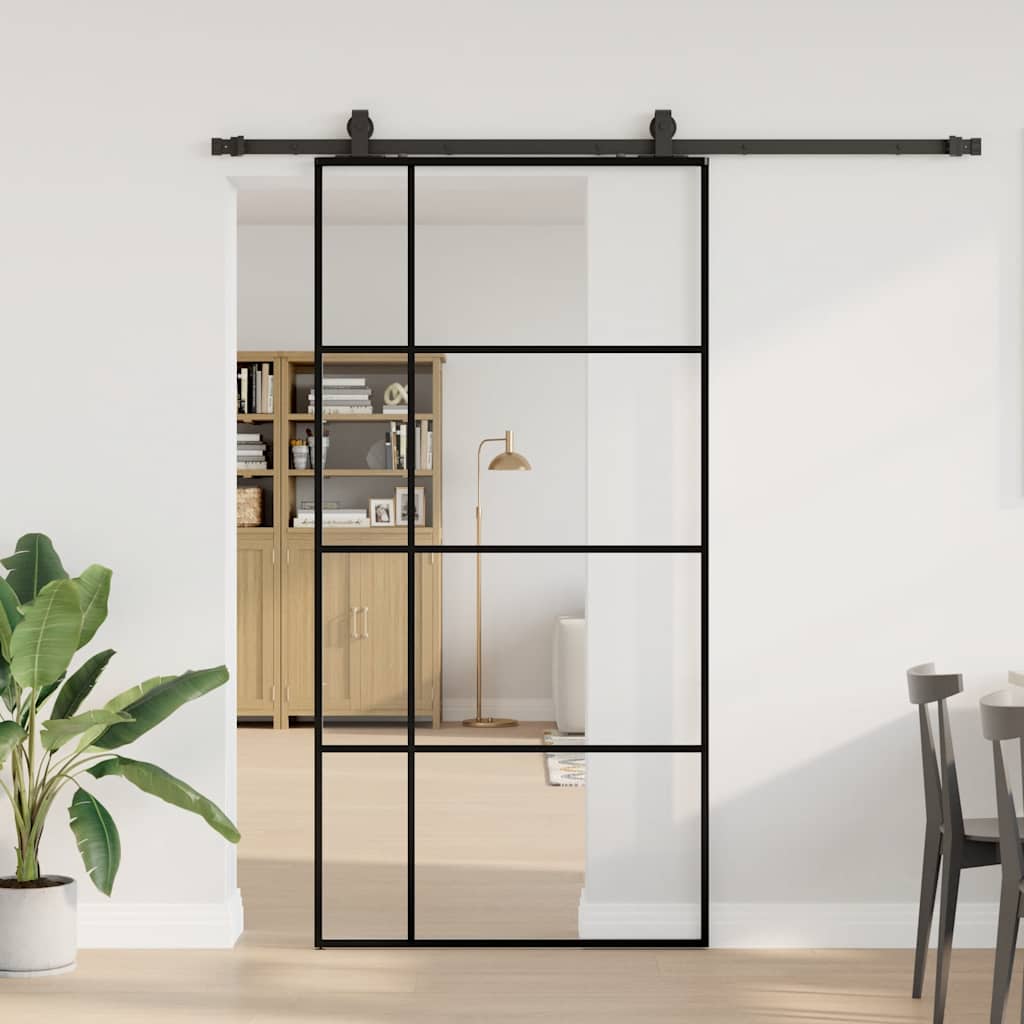 Sliding Door with Hardware Set Black 76x205 cm ESG Glass 102.5 cm 200 cm sliding rail Transparent