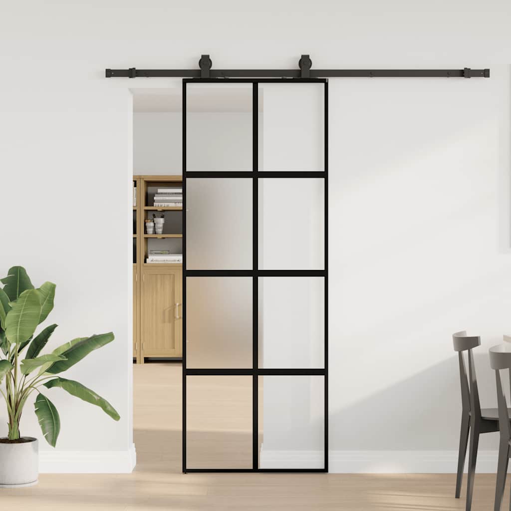 Sliding Door with Hardware Set Black 76x205 cm Tempered Glass Black and Matt 76 cm Frosted