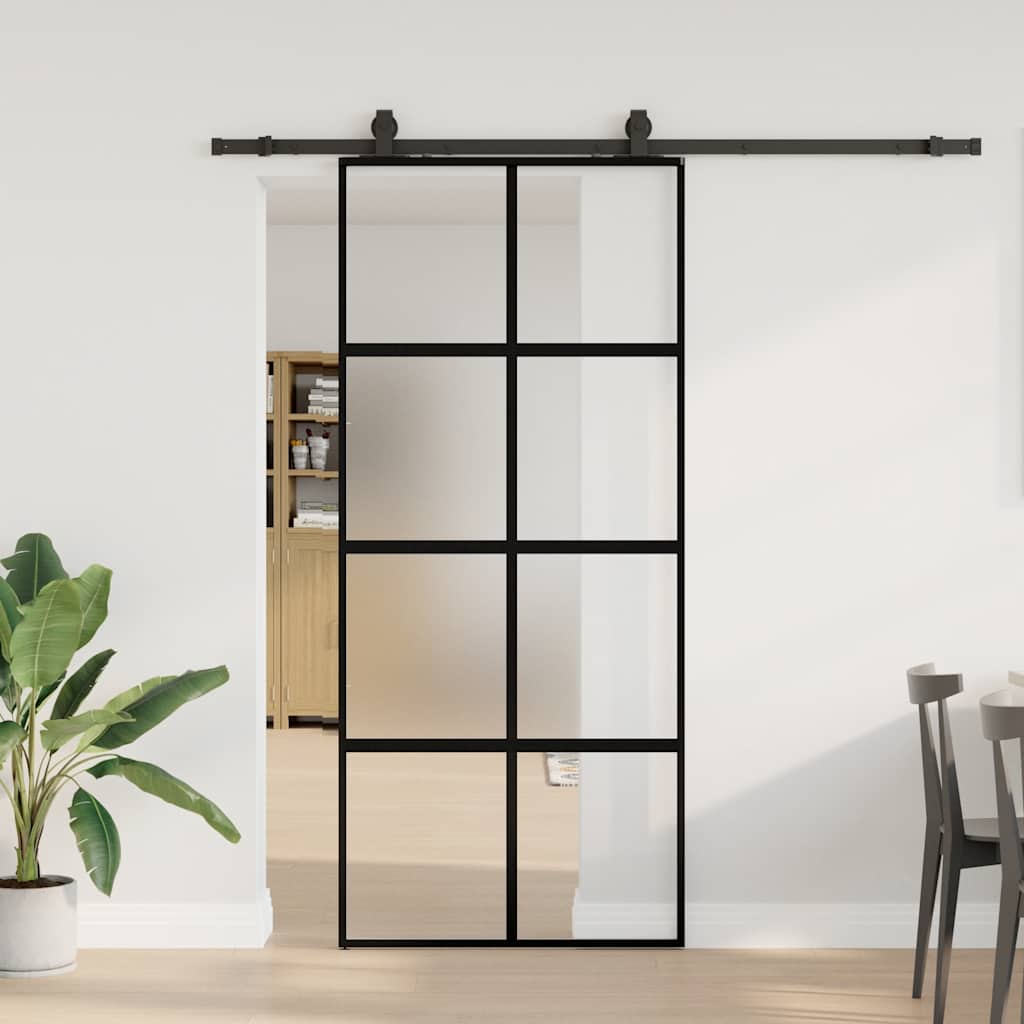 Sliding Door with Hardware Set Black 76x205 cm Tempered Glass Black and Matt 90 cm Frosted