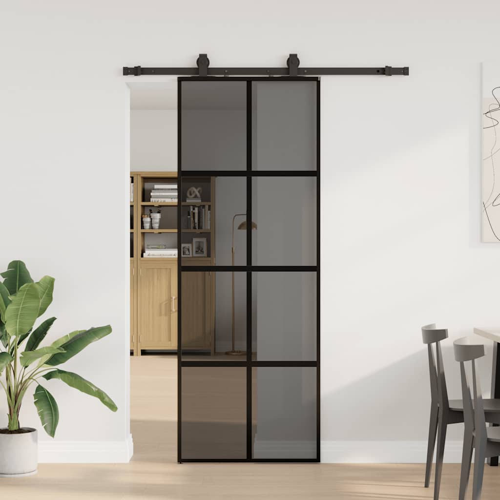 Sliding Door with Hardware Set Black 76x205 cm Tempered Glass Black and dark transparent 76 cm 152,5 cm sliding rail