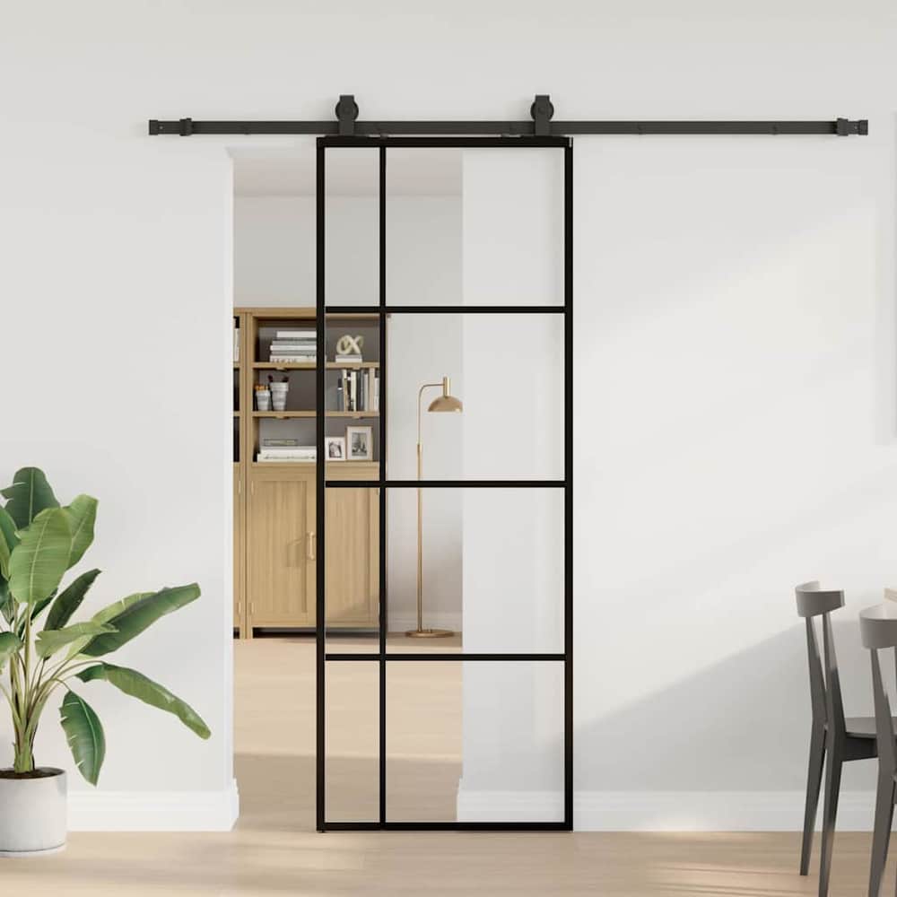 Sliding Door with Hardware Set Black 76x205 cm ESG Glass 76 cm 213 cm sliding rail Transparent