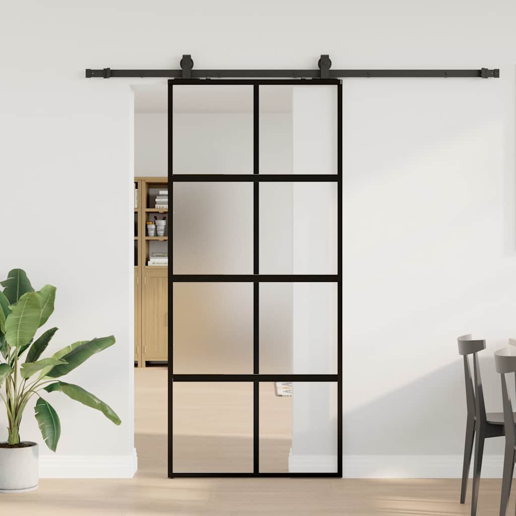 Sliding Door with Hardware Set Black 76x205 cm Tempered Glass Black, matt and transparent 90 cm 213 cm sliding rail