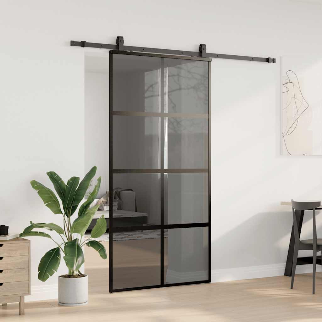 Sliding Door with Hardware Set Black 76x205 cm Tempered Glass Black and dark transparent 102.5 cm 213 cm sliding rail