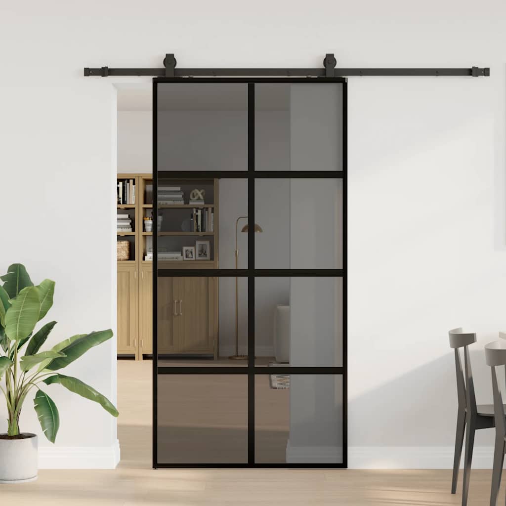 Sliding Door with Hardware Set Black 76x205 cm Tempered Glass Black and dark transparent 102.5 cm 213 cm sliding rail