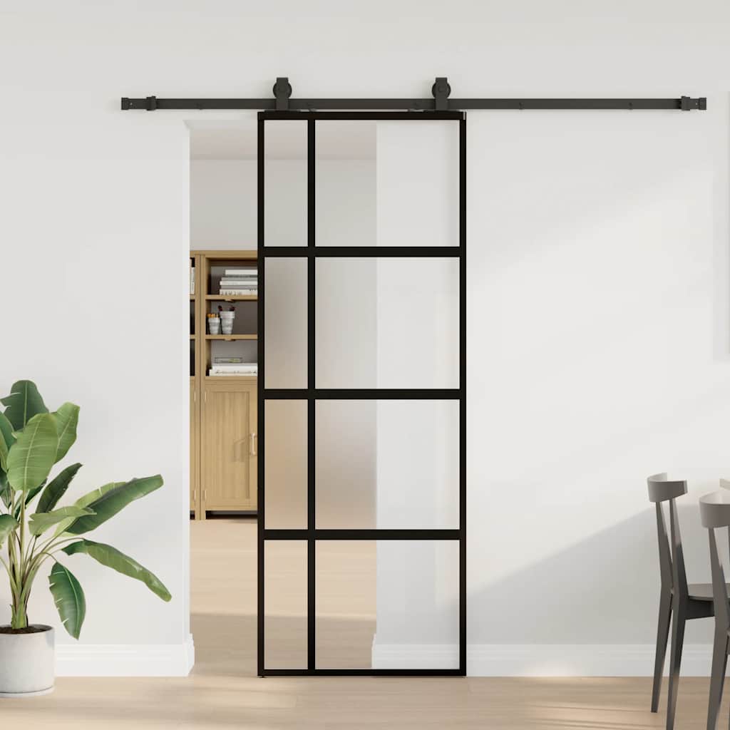 Sliding Door with Hardware Set Black 76x205 cm Tempered Glass 76 cm 213 cm sliding rail