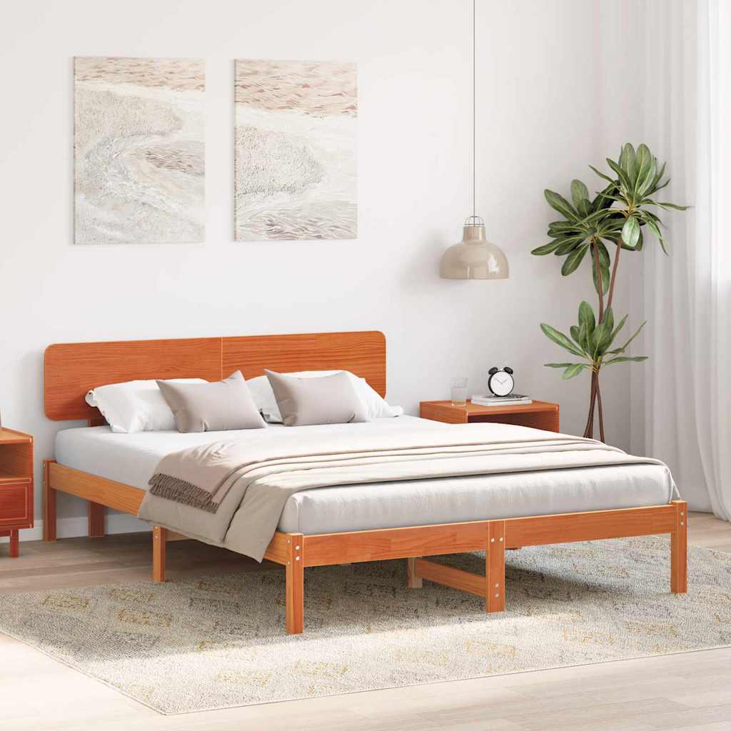 Bed Frame with Headboard Solid Pine Wood Length 200 cm Wax Brown 140 cm
