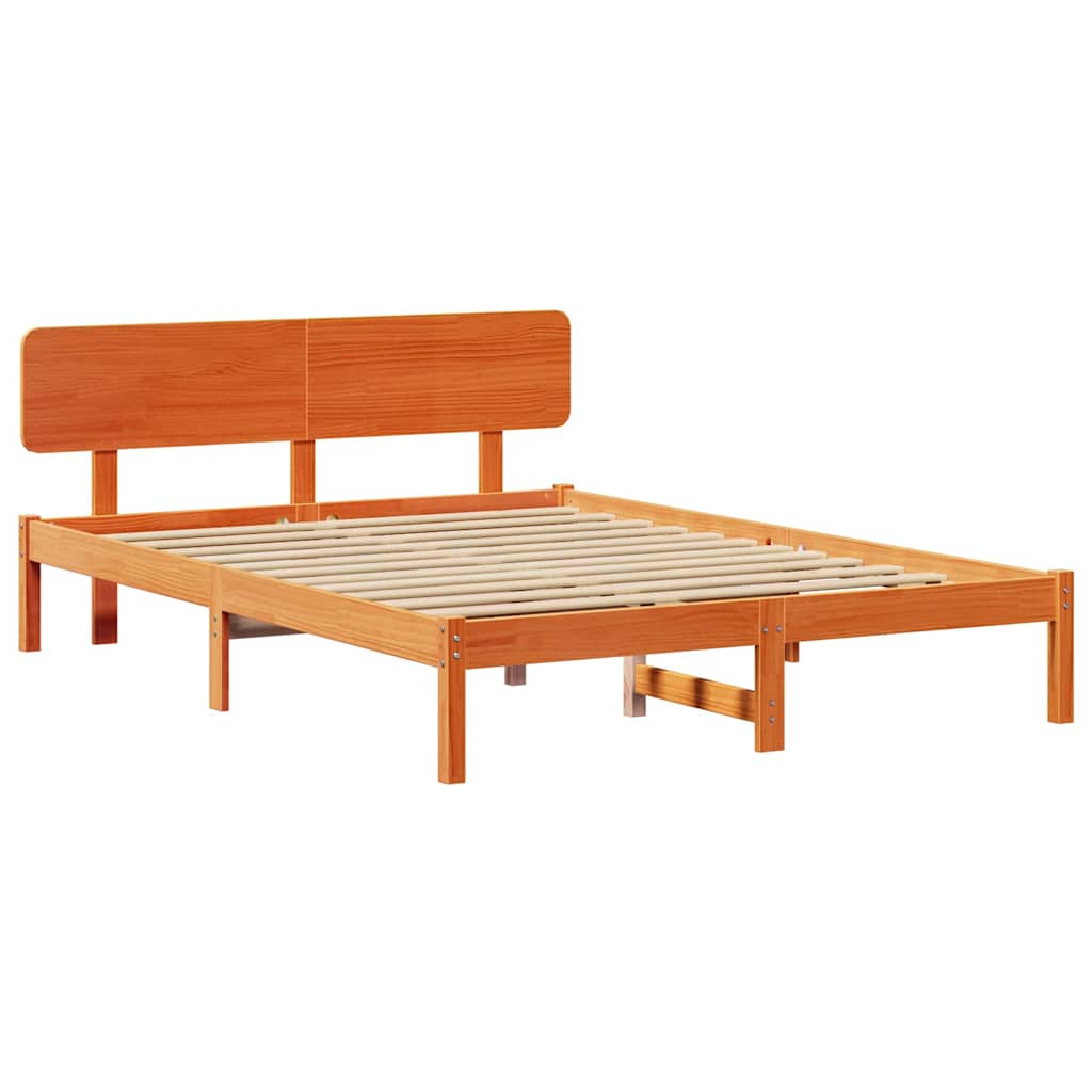 Bed Frame with Headboard Solid Pine Wood Length 200 cm Wax Brown 140 cm