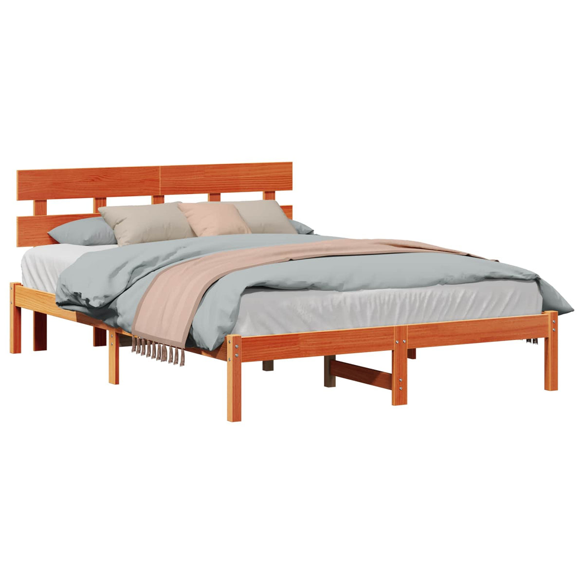 Bed Frame Headboard Brown Solid Pine wood Length Wax