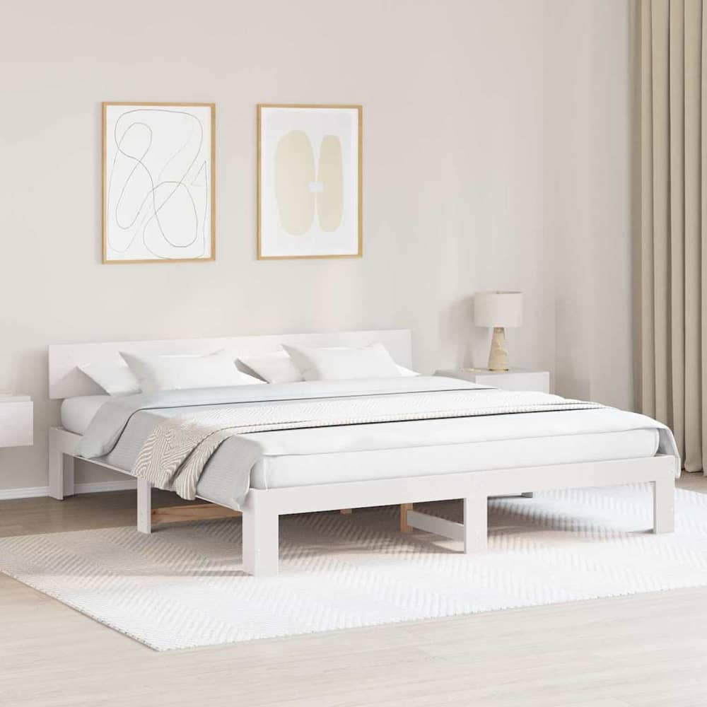 Bed Frame with Headboard Solid Pine Wood Length 200 cm White 200 cm
