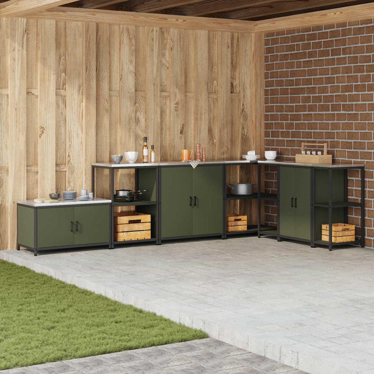 Kitchen Shelving Unit HATTEM 60 x 50 x 92 cm Steel Kitchen Storage Shelf Olive green