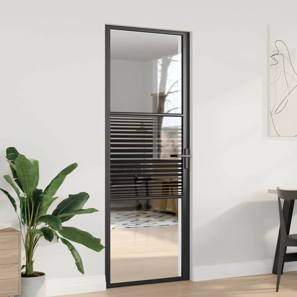 Interior Door ESG Glass and Aluminium Black Black 76 x 201.5 cm with stripe lines design