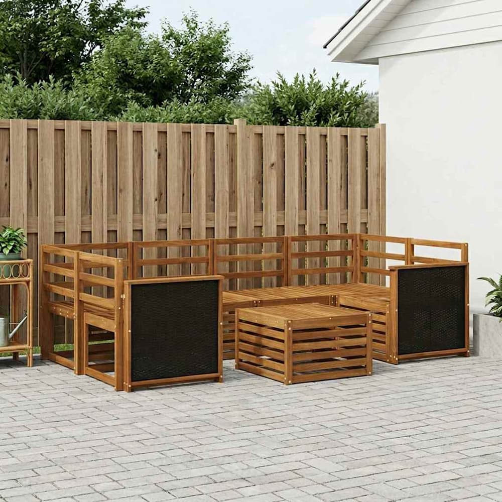 Outdoor Sofa Set 7 pcs 6-Seaters Solid Acacia Wood Natural Wooden frame with black rattan