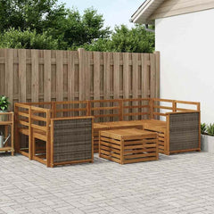 Outdoor Sofa Set 7 pcs 6-Seaters Solid Acacia Wood Natural Wooden frame with grey rattan
