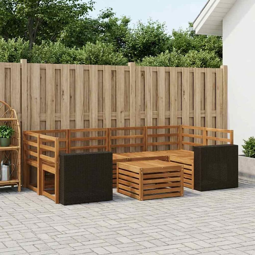 Outdoor Sofa Set 7 pcs 6-Seaters Solid Acacia Wood Natural Metal frame with black rattan