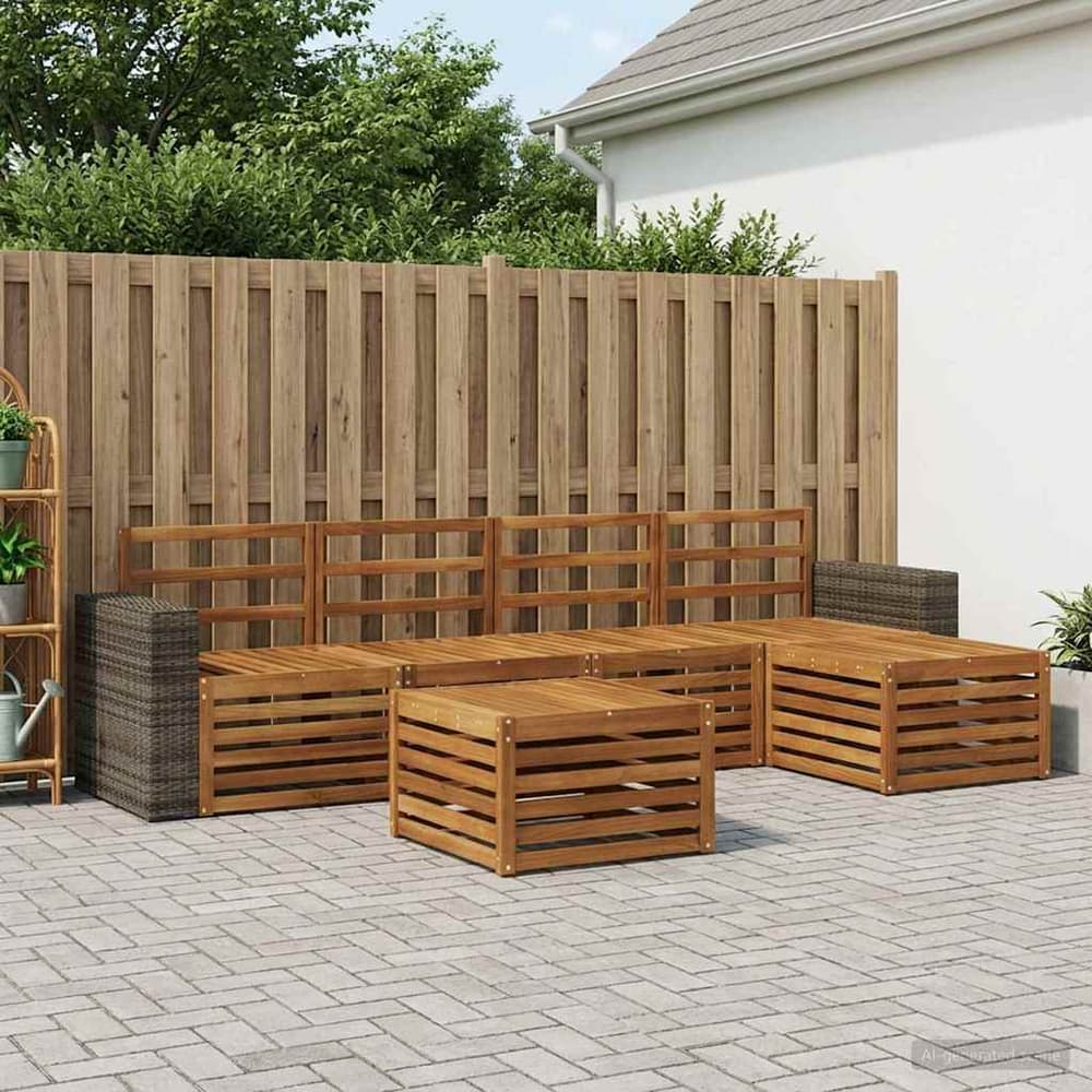 Outdoor Sofa Set 6 pcs 5-Seaters Solid Acacia Wood Natural Metal frame with grey rattan
