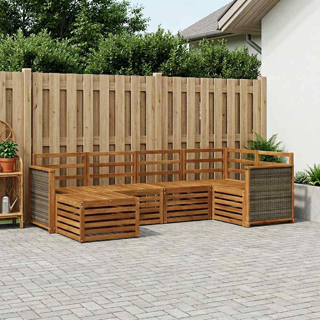 Outdoor Sofa Set 6 pcs Polyester Natural Wooden frame with grey rattan