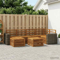 Outdoor Sofa Set 7 pcs 5-Seaters Solid Acacia Wood Natural Metal frame with grey rattan