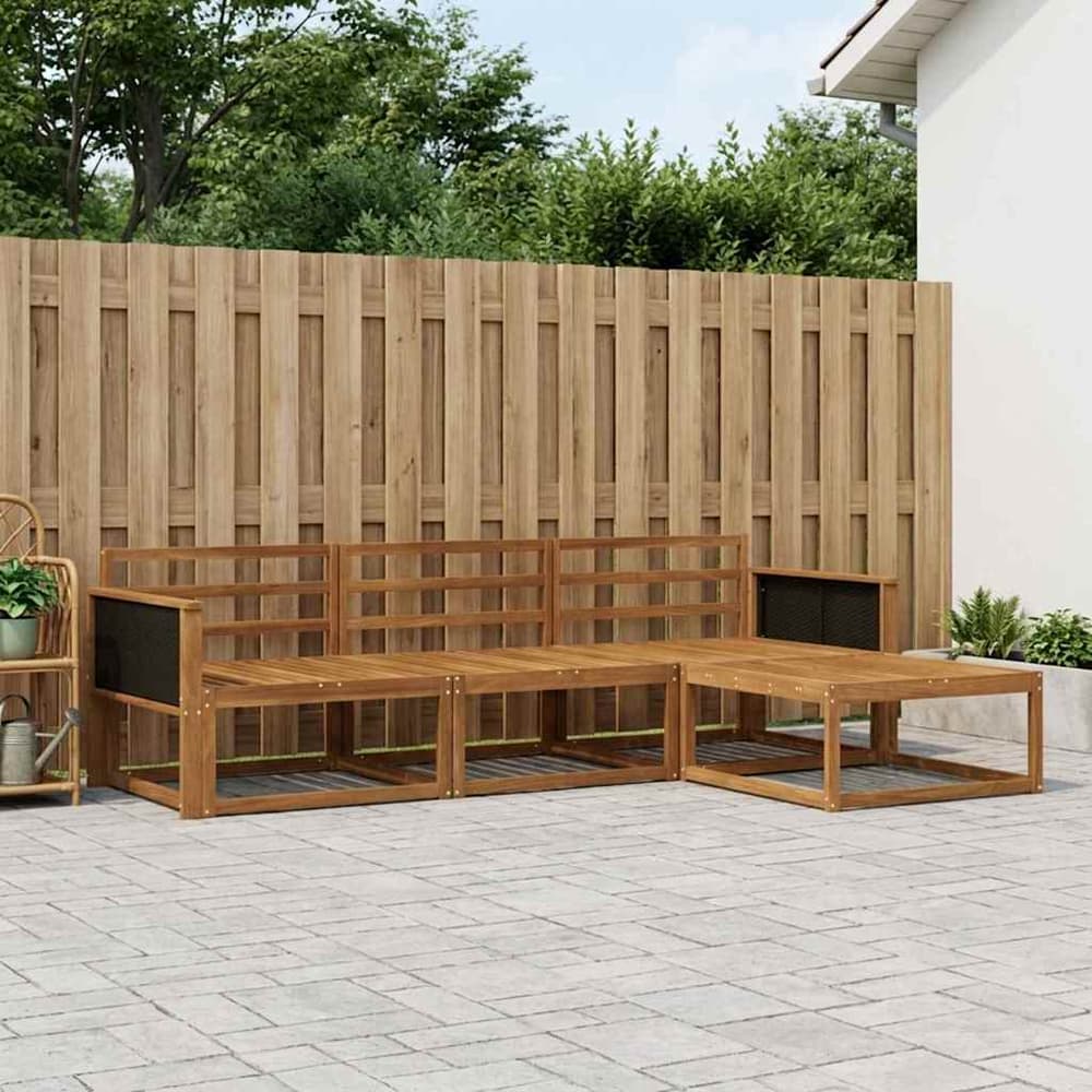 Outdoor Sofa Set 4 pcs Natural Solid Acacia Wood Black rattan