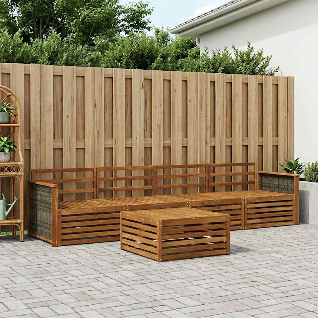 Outdoor Sofa Set 5 pcs 4-Seaters Natural Solid Acacia Wood Wooden frame with grey rattan