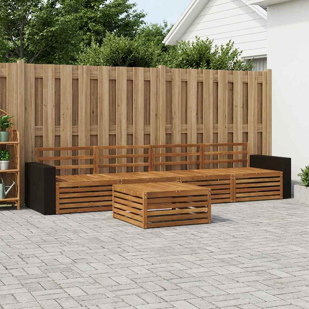 Outdoor Sofa Set 5 pcs 4-Seaters Natural Solid Acacia Wood Metal frame with black rattan