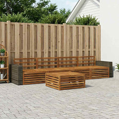 Outdoor Sofa Set 5 pcs 4-Seaters Natural Solid Acacia Wood Metal frame with grey rattan