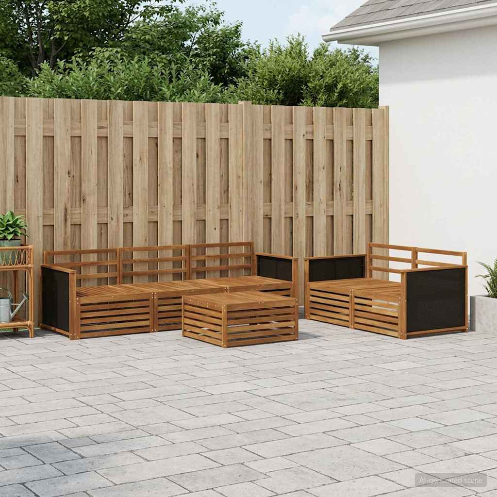 Outdoor Sofa Set 6 pcs 5-Seaters Solid Acacia Wood Natural Wooden frame with black rattan