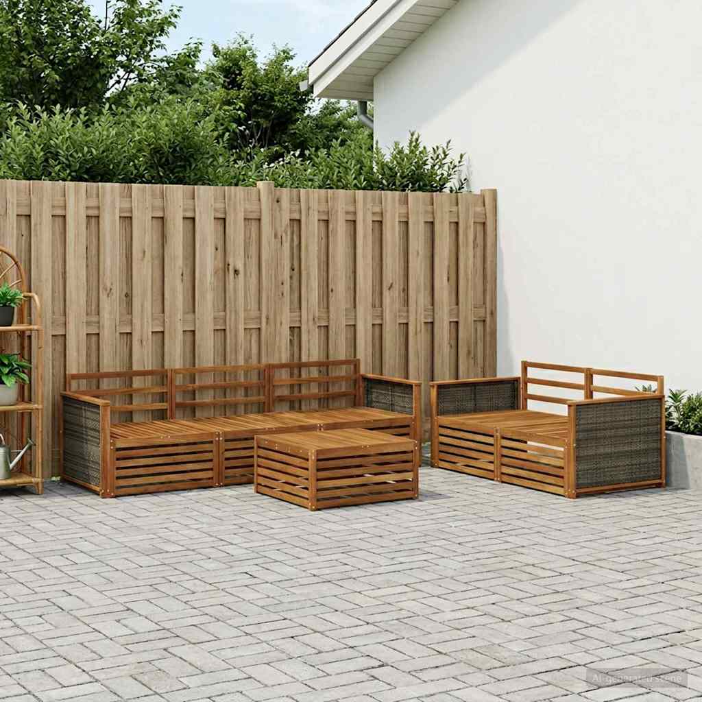 Outdoor Sofa Set 6 pcs 5-Seaters Solid Acacia Wood Natural Wooden frame with grey rattan