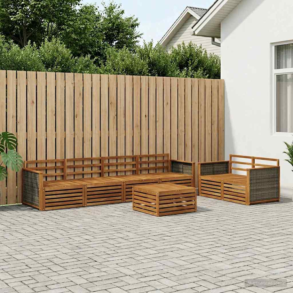 Outdoor Sofa Set 7 pcs 6-Seaters Natural Solid Acacia Wood Wooden frame with grey rattan