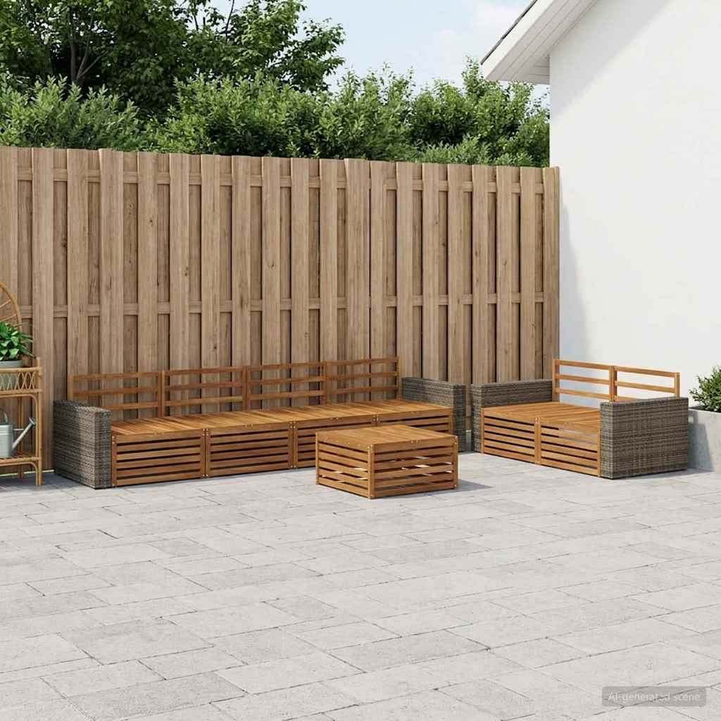 Outdoor Sofa Set 7 pcs 6-Seaters Natural Solid Acacia Wood Metal frame with grey rattan
