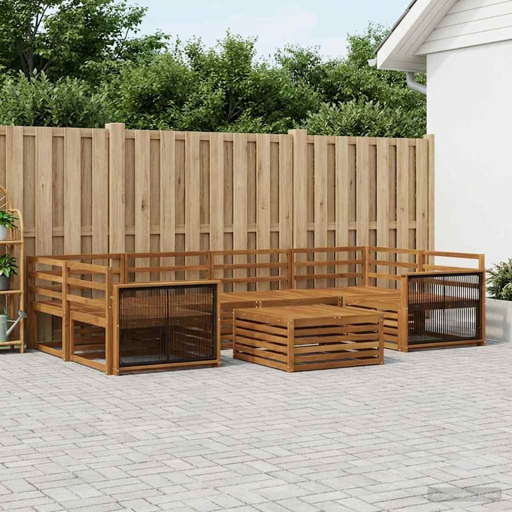Outdoor Sofa Set 7 pcs 6-Seaters Natural Solid Acacia Wood Wooden frame with black rope