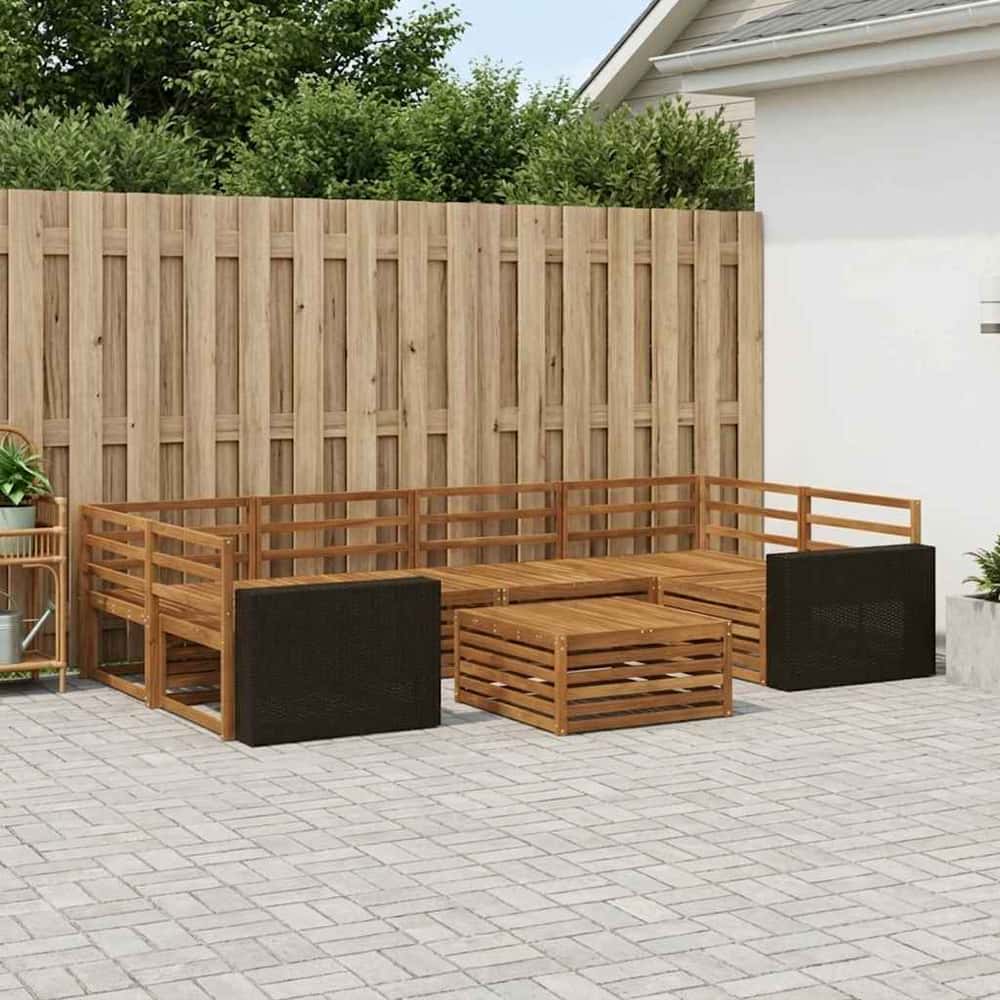 Outdoor Sofa Set 7 pcs 6-Seaters Natural Solid Acacia Wood Metal frame with black rattan