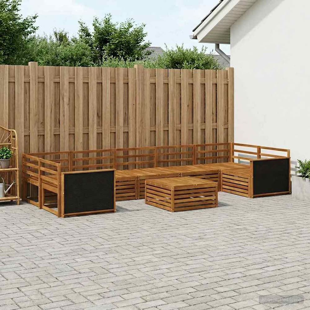 Outdoor Sofa Set 8 pcs 7-Seaters Solid Acacia Wood Natural Wooden frame with black rattan