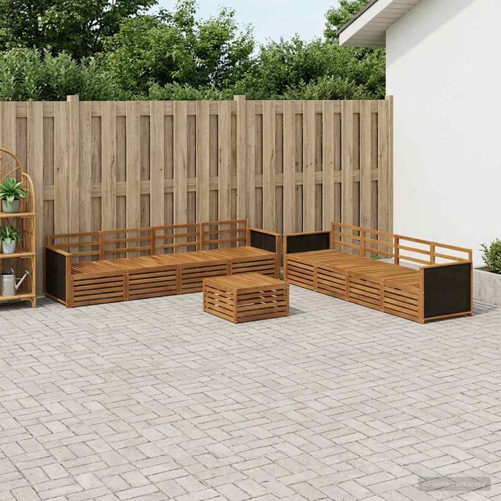 Outdoor Sofa Set 9 pcs 8-Seaters Natural Solid Acacia Wood Wooden frame with black rattan