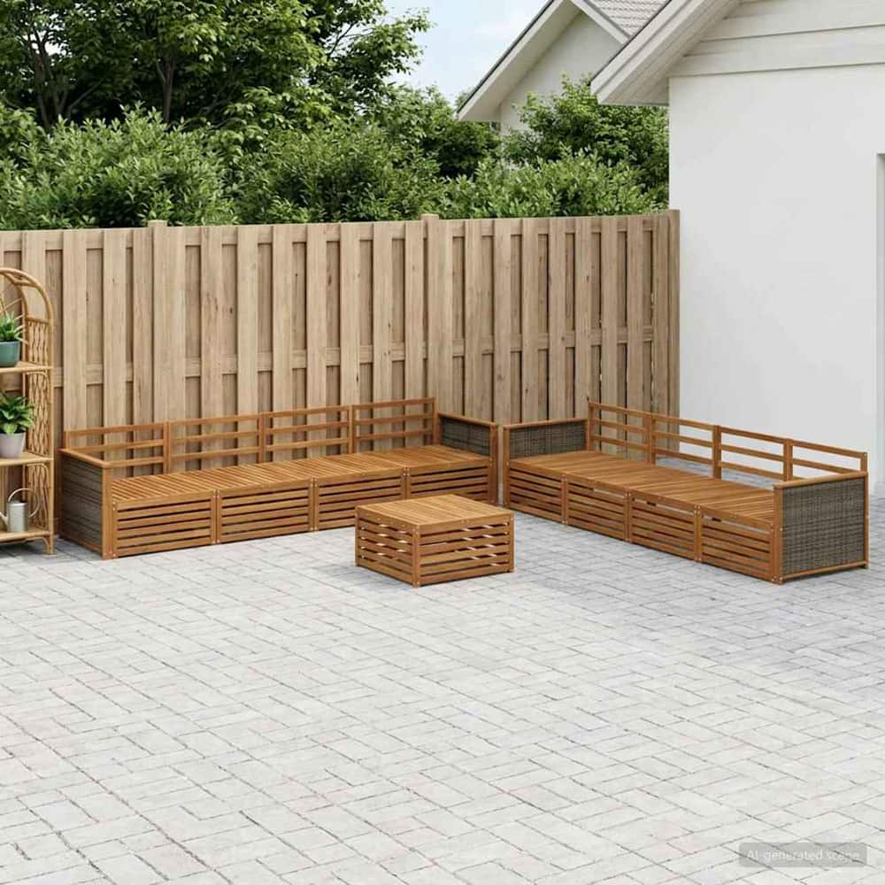 Outdoor Sofa Set 9 pcs 8-Seaters Natural Solid Acacia Wood Wooden frame with grey rattan