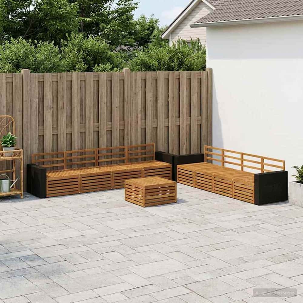 Outdoor Sofa Set 9 pcs 8-Seaters Natural Solid Acacia Wood Metal frame with black rattan