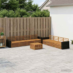 Outdoor Sofa Set 9 pcs 8-Seaters Natural Solid Acacia Wood Metal frame with black rattan