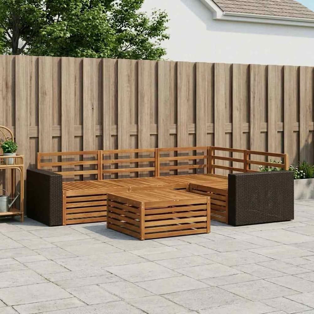 Outdoor Sofa Set 5 pcs Natural Solid Acacia Wood Metal frame with black rattan