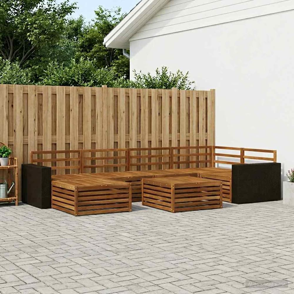 Outdoor Sofa Set 7 pcs 6-Seaters Natural Solid Acacia Wood Metal frame with black rattan