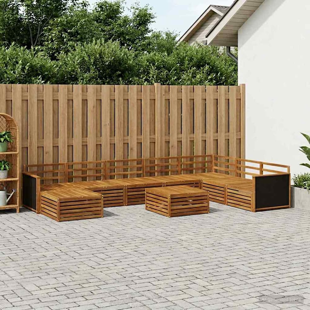 Outdoor Sofa Set 9 pcs Natural Solid Acacia Wood Wooden frame with black rattan