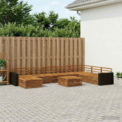 Outdoor Sofa Set 9 pcs Natural Solid Acacia Wood Metal frame with black rattan